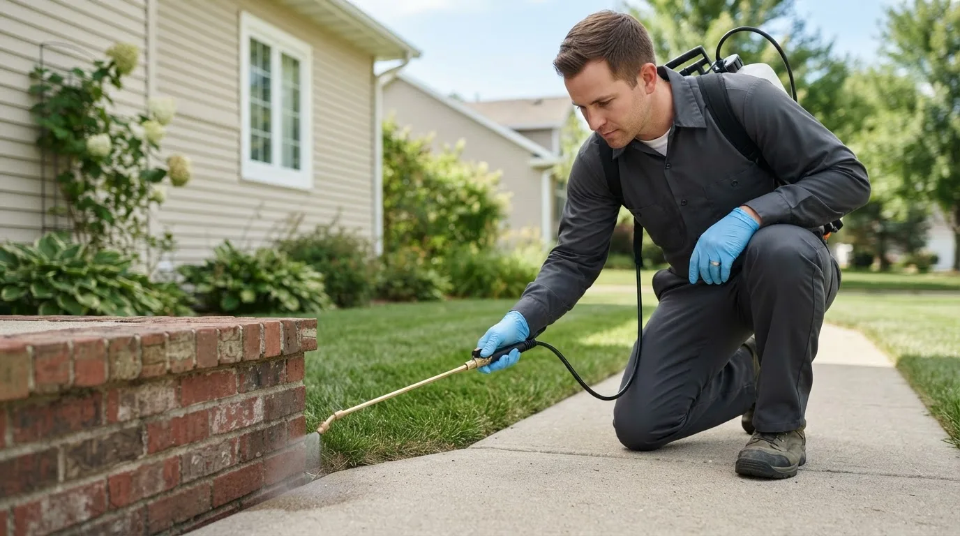 Pest control technician treating a home near Cascadia, OR